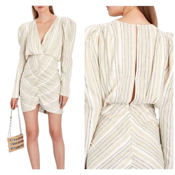 Ronny Kobo Dress Women Large Ivory Tan Striped Linen Blend Puff Sleeve Joslyn - Picture 1 of 15